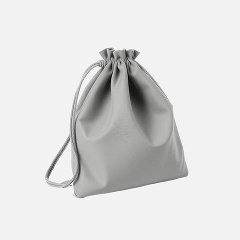 Grey Leather Drawstring Pouch