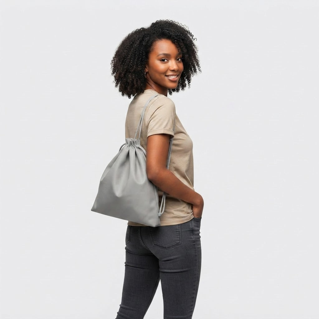 Grey Leather Drawstring Pouch